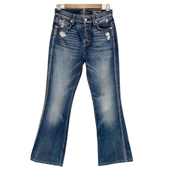 7 For All Mankind Blue Flare Mid Rise Jeans with Distressed Details 25 - Picture 1 of 9